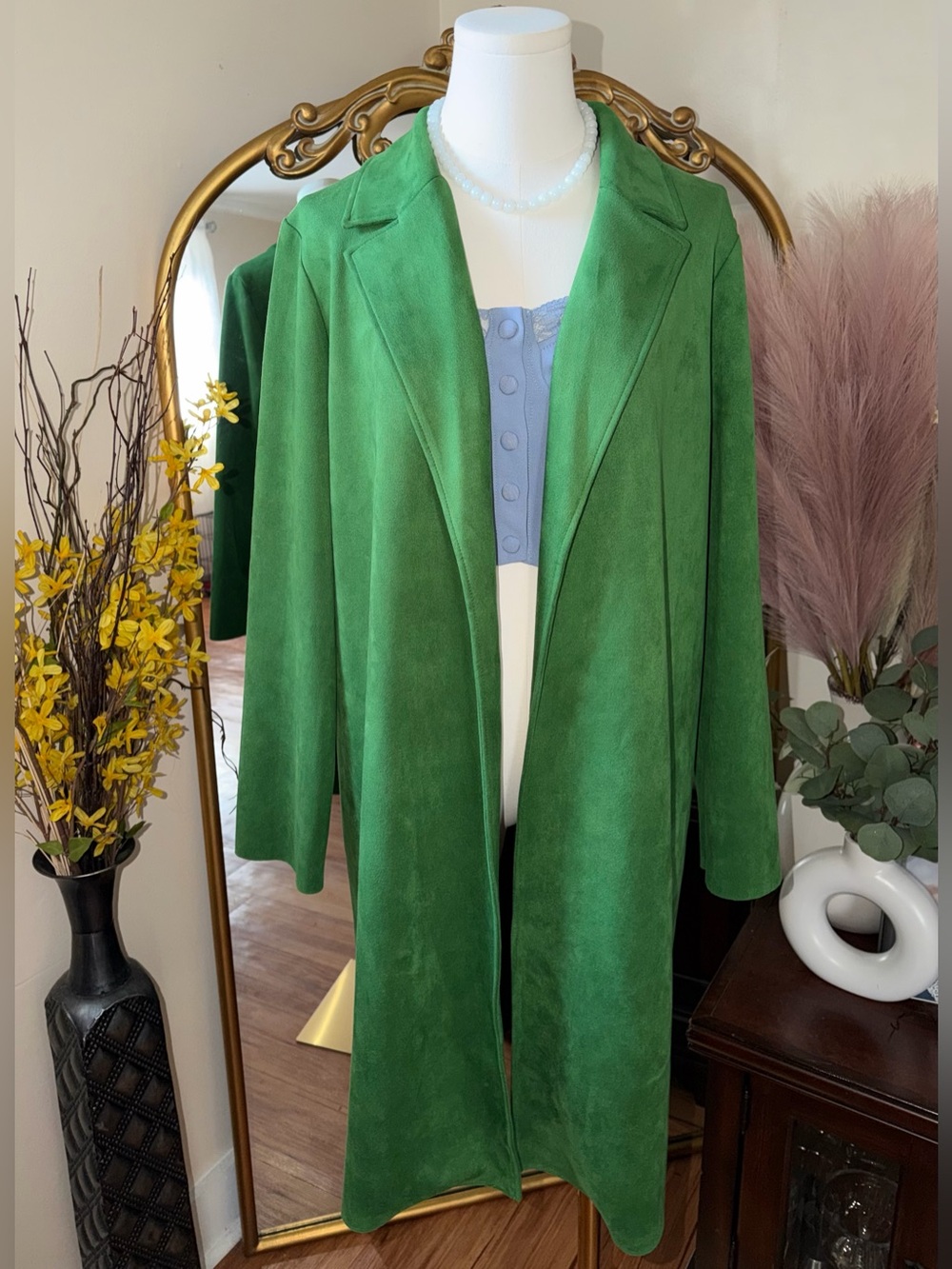 ZARA Green Long Suede Open Front Coat women’s Medium